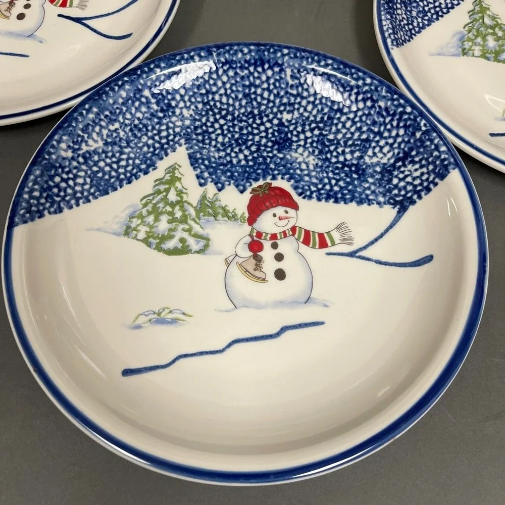 Thomson Pottery Dinner Plates Snowman Blue White‎ 10